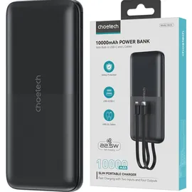 CHOETECH B654 10000Mah 22.5W Usb-A / Usb-C / Micro Usb mit integriertem Usb-C / Lightning Kabel - Schwarz - Schwarz