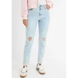 bonprix Mom-Jeans BONPRIX, Damen, Gr. 44, N-Gr, blau used, Denim/Jeans, Obermaterial: 82% Baumwolle, 17% Polyester, 1% Elasthan, regular fit, Jeans, modischer Schnitt, Regular Fit, ausgefranster Saum