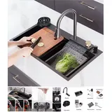 Faizee Home Edelstahlspüle Neom Edelstahlspüle mit Wasserfall, Schalldämmung, 4-fach Armatur schwarz|silberfarben