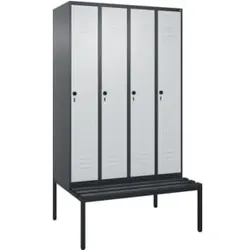C+P Spind Classic PLUS, Bank, 4 Abteile, 2120x1200x815mm, 7016/7035 Verschluss Sicherheits-Drehriegel 3 Garderobenhaken Dekor Banklatten RAL 7021 Schwarzgrau Sitzbanktyp untergebaut