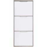 FORTE Sienna Schuhschrank mit 3 Klappen, Holzwerkstoff, Sandeiche mit Weiß Hochglanz, 129,7 x 55,2 x 27,9 cm