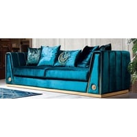 Casa Padrino Luxus Couch Türkis / Gold 260 x 90 x H. 76 cm - Edles Wohnzimmer Sofa mit dekorativen Kissen - Luxus Möbel