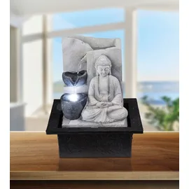 GLOBO Tischbrunnen mit Pumpe Springbrunnen mit LED Beleuchtung Buddha Design Zimmerbrunnen grau Dekoration, LxBxH 21x18,5x25,5 cm