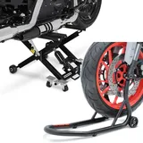 Set: Motorrad Hebebühne Midlift XL bis 500kg sw ConStands mit Montageständer Vorderrad Fork mit Dornaufnahme sw matt