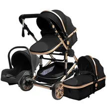 TPFLiving Kombi-Kinderwagen 3in1 Set - Modell 2 Stoff - Schwarz-Gold-Schwarzer Griff