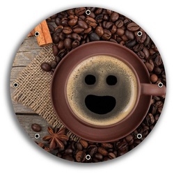 Wallario Sichtschutzzaunmatten Lustige Kaffeetasse mit einem Lächeln – Kaffeebohnen und Zimt, rund rot 30 cm