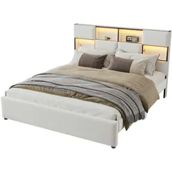 Merax 160*200cm Flachbett, verstellbares Umgebungslicht, mehrere Ablagefächer an der Seite des Bettes, USB-Anschluss, Beige