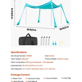 Vevor Strandzelt mit Sonnenschutz (UPF 50+) 3 x 3 x 2 m, Strandmuschel mit Sandsäcken & Stützstangen & Sandschaufeln, Tragbares Sonnensegel für Familienausflüge Camping Angeln Grün