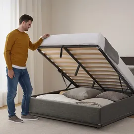 [en.casa] LED Polsterbett 'Tröstiar' mit Bettkasten Leinen 140 x 200 cm Schwarz - Schwarz