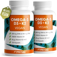 Omega-3 vegan + D3 & K2 (240x), 1100mg Algenöl mit 600mg DHA & 300mg EPA + 1000 IE Vitamin D3 + 40 μg Vitamin K2 - O3 D3 K2 vegan Essentials - Omega-3 Kapseln hochdosiert, bioverfügbar & laborgeprüft