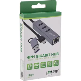 InLine 4in1 Gigabit Hub, USB-C & USB-A, 1x RJ45, 3x USB 3.2 Gen.1 - Grau