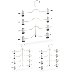 Relaxdays Mehrfachbügel im 3er Set, Kleiderbügel für Röcke oder Hosen, mit Klammern, platzsparend, Metallbügel, silber