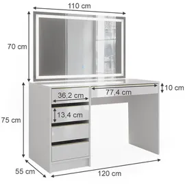 Vicco Schminktisch Sherry 120 x 75 cm 5 Schubladen LED-Spiegel