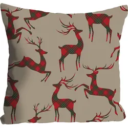 Dekokissen QUEENCE "Jameel", rot (rot, grün, bedruckt), B:40cm L:40cm, Polyester, Dekokissen_Sitzkissen_Kissenhüllen, Kissenhülle,Weihnachten,Rentiere,Karriert,Festlich,Winterlich