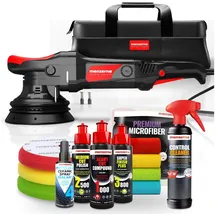 Menzerna Auto Politur Set | Exzenter Poliermaschine MZ-XR mit 125mm Stützteller + 3 x 100ml Politur + 3 x Polierpad + Poliertücher + Sprühversiegelung | 15mm Hub 720W