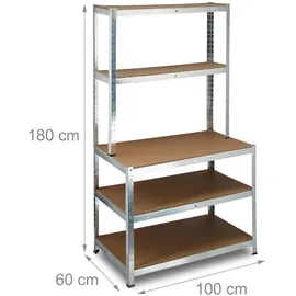 Relaxdays Schwerlastregal Metall 180x100x60 cm grau mit Werkbank 5 Böden freistehend