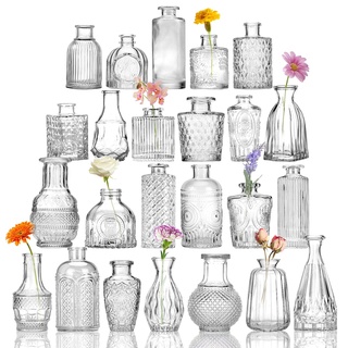 CUCUMI Knospenvasen aus Glas, kleine Blumenvasen, transparent, Vorteilspack, hübsche Tischdekoration, Mini-Vasen im Vintage-Stil, rustikale Hochzeitsdekoration, Blumendekoration für zu Hause, 24er-Set