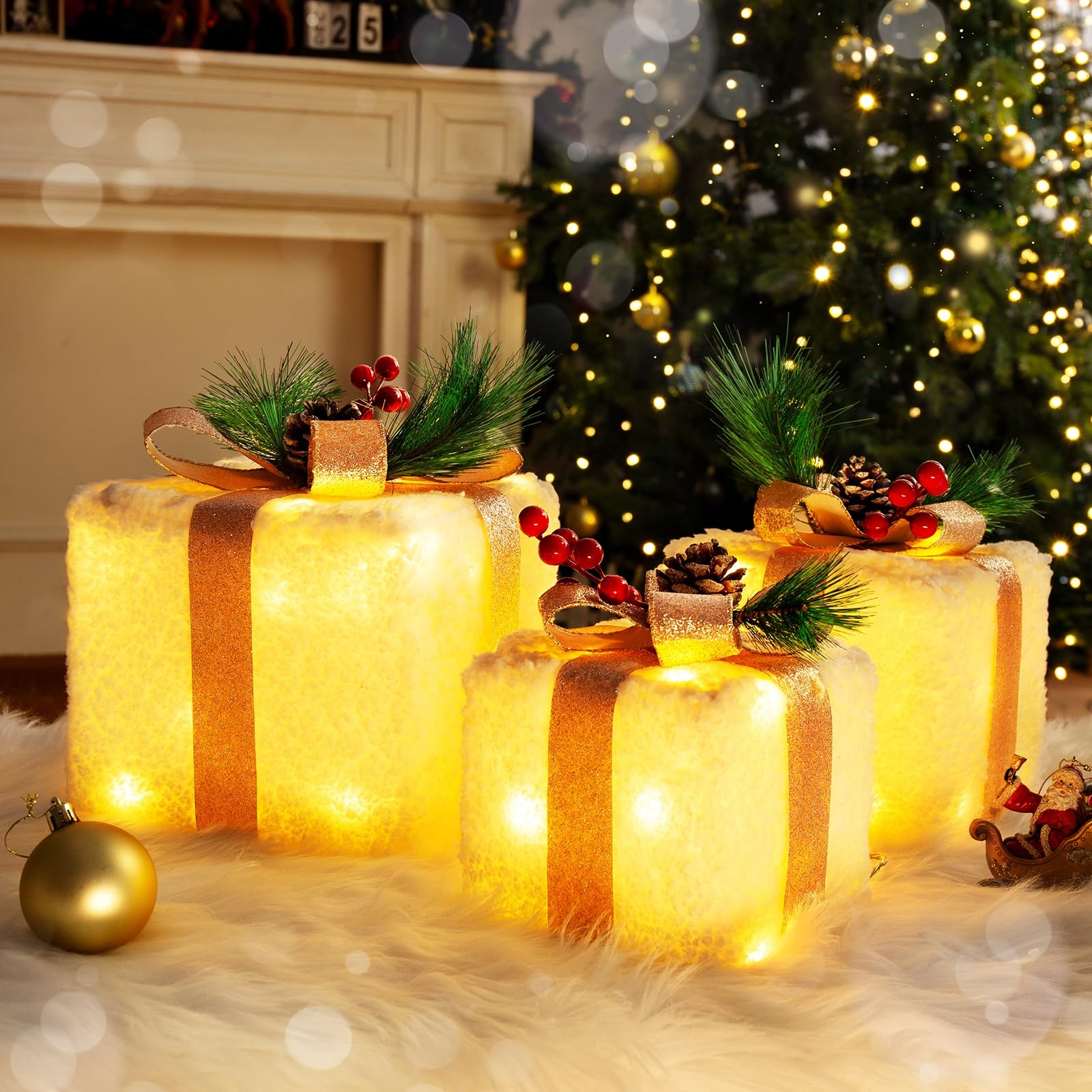 ELKTRY LED Geschenkbox, Weihnachtsdeko mit 60 LED 3 Set außen innen, Beleuchte Weihnachtenbox mit Timer und 8 Leuchtmodus, Strom Geschenkbox mit Flanell und Champagner Gold Bänder für Weihnachten