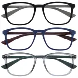 OPULIZE Max Lesebrille 3er Pack - Klassische große rechteckige Fassung - Brillen in mattem Schwarz, Blau und Grau - Herren Damen Unisex - RRR78-137 - +1,00