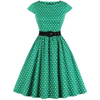 AXOE Damen Rockabilly Kleider 50er Jahre Baumwolle Gürtel Grün Hintergrund Weiß Polka Dots, Gr.44, XXL - XXL