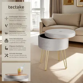 Tectake Sitzhocker Ava gepolstert in Samtoptik 300kg mit Stauraum, rund, 37.5x44.5x37.5 cm, Wohnzimmer, Hocker, Sitzhocker