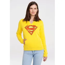 Kapuzensweatshirt LOGOSHIRT "DC Comics - Superman", Damen, Gr. L, gelb, 70% Baumwolle, 30% Polyester, unifarben, casual, normal, ohne Ausschnitt, Langarm, Sweatshirts, mit lizenziertem Print