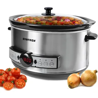 Syntrox 4,5 l Slow Cooker | Schmortopf | Schongarer | Multikocher Snittai, Edelstahl Küchengerät, mit Glasdeckel, Praktisches Küchenzubehör, 280 Watt