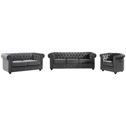 Sofa 3-Sitzer & 2-Sitzer & Sessel - Samt - Anthrazit - CHESTERFIELD