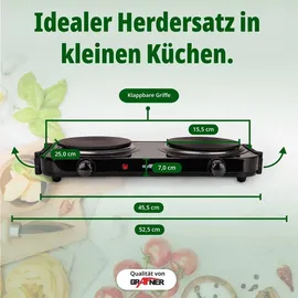 Grafner Kochplatte doppelt mit klappbaren Griffen, 2000 Watt, 2 Massekochfelder mit je Ø 155 mm, stufenlose Temperatureinstellung, Farbe nach Wuns... - schwarz