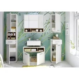 Stella Trading Waschbeckenunterschrank in Wildeiche Optik, Weiß Hochglanz - Bad Unterschrank Badezimmerschrank mit viel Stauraum - 80 x 64 x 40 cm (B/H/T)