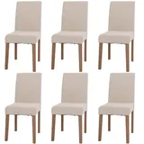 Mendler 6er-Set Esszimmerstuhl Littau, Stuhl Küchenstuhl Hochlehner, Stoff/Textil Chenille Holz creme, naturfarbene Beine - Beige