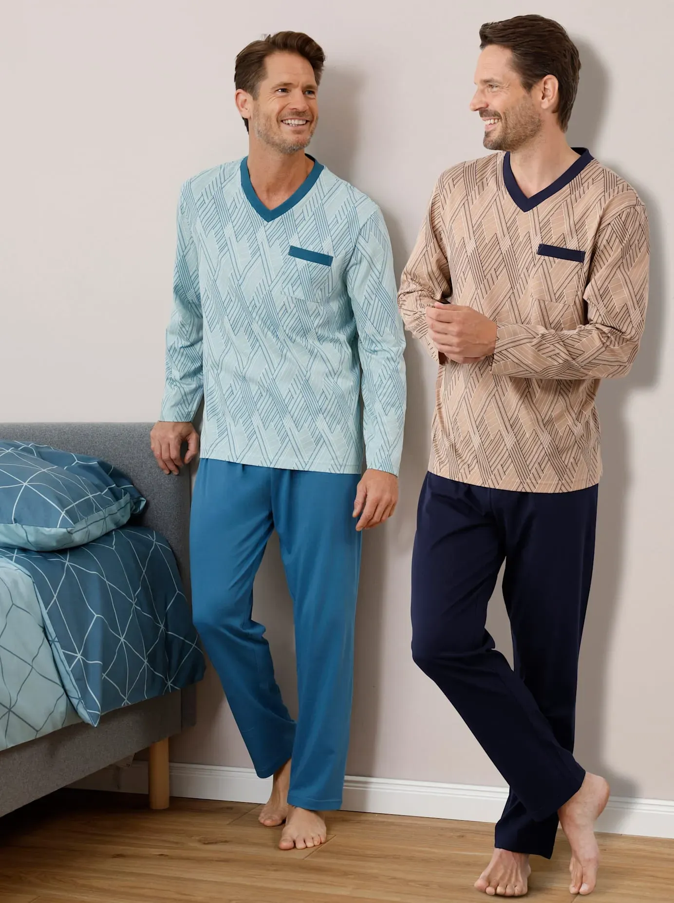 Schlafanzug WÄSCHEPUR, Herren, Gr. 52/54, marine, bedruckt, topas, bedruckt, 100% Baumwolle, Homewear-Sets Schlafanzug