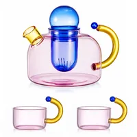 Toemics Teekannen Glas Teekanne Set mit 2 Tassen und herausnehmbarem Teesieb, kleine dekorative Teekannen farbiges Teeset für losen Tee, Kräutertee und Blütentee (Rosa)