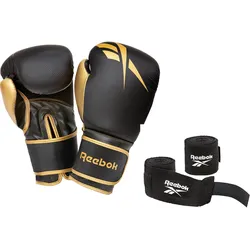 Reebok Box-Set, Boxhandschuhe 12oz Gold/Schwarz & Handgelenkbandagen 12 OZ