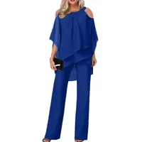 JIAALU Hosenanzug Damen Zweiteiler Chiffon Shirt Tüll Abendanzug Sets Elegant Vintage 2-Teiliges Set Outfit Cocktail Party Festlich Hosenanzug Hohe Taille Hosenanzug - XXL