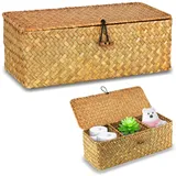 32 cm x 12 cm x 10 cm Korb mit Deckel Seegras, Rechteckiger Aufbewahrungskorb aus geflochtenem Rattan, Handgeflochtener Korb mit 3 Fächern für Badezimmer, Wohnzimmer, Küche (Hellorange)
