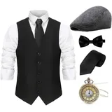 Gionforsy 20er Jahre Herren Weste Kostüm Zubehör Set mit Hut Weste Fliege Krawatte Taschenuhr Gangster Accessoires Set für Great Gatsby Party Halloween Karneval Fasching Mottoshow