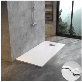 WITEN&NOCK SMC Duschwanne 160x90cm weiß Brausewanne Duschtasse extra flache Steinoptik Antirutsch inkl. Abdeckung und Ablaufgarnitur Ø90mm Siphon