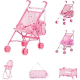 Chipolino Puppen-Zubehör-Set 3 in1 Trixy Buggy Hochstuhl Tasche Laufstall faltbar rosa Sterne