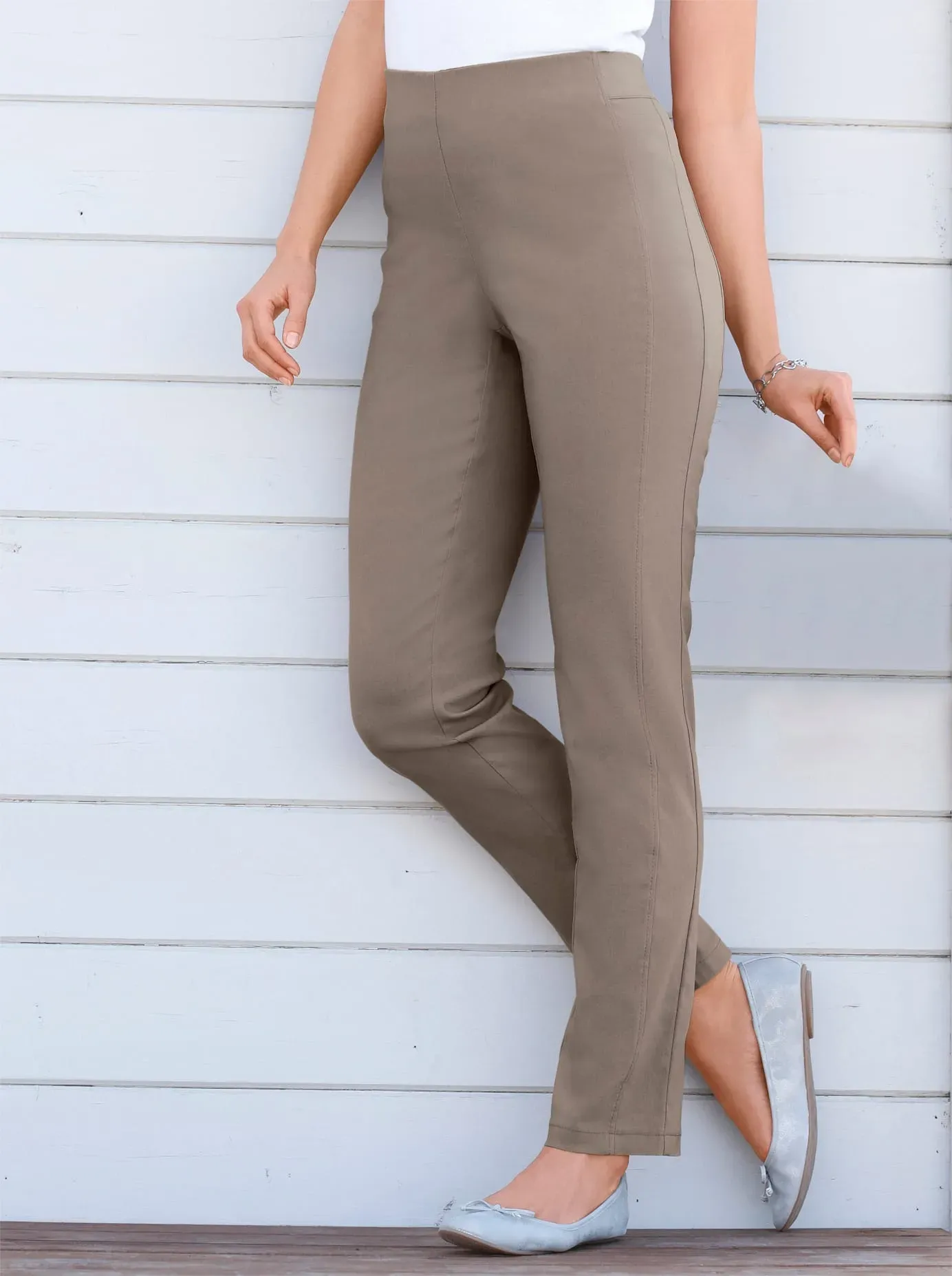 Dehnbund-Hose STEHMANN, Damen, Gr. 38, Normalgrößen, grau (taupe), 72% Viskose, 25% Polyamid, 3% Elasthan, unifarben, lang, Hosen, Topseller