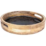 levandeo Rundes Tablett 35cm Mango Holz Grau Perlmutt Emaille Ablage Serviertablett Deko Servierplatte Tischdeko Dekoration