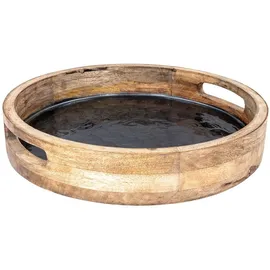 levandeo Rundes Tablett 35cm Mango Holz Grau Perlmutt Emaille Ablage Serviertablett Deko Servierplatte Tischdeko Dekoration