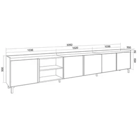 SKRAUT HOME Lowboard 309x61x35 cm Eiche Schwarz Holzwerkstoff