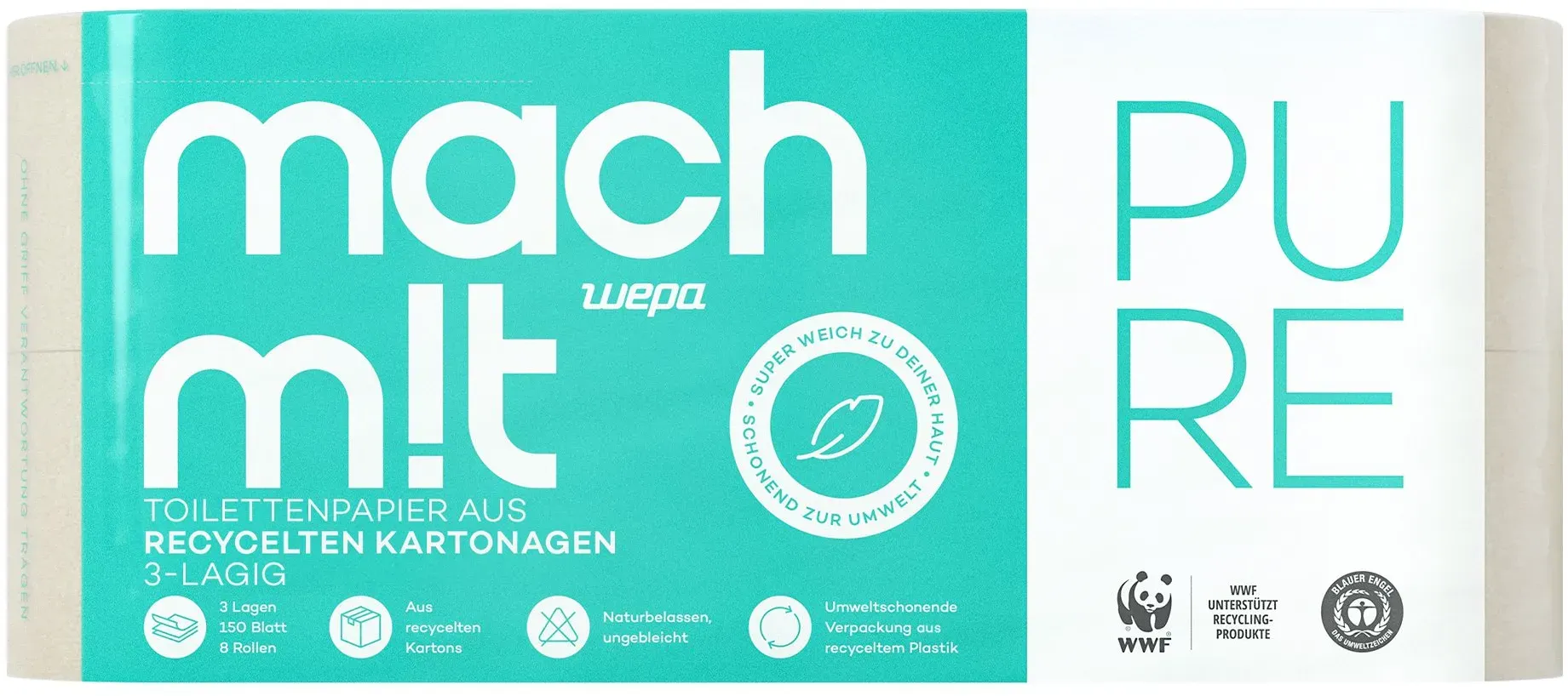mach m!t Pure Toilettenpapier 3-lagig aus recyceltem Karton 8 St