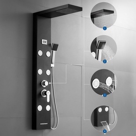 Auralum schwarz Duschsystem 4 Funktionen Duschpaneel Duschsäulen aus rostfreiem Edelstahl mit LED Temperaturanzeige