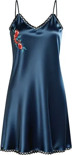 IZURIA Seidiges Spaghettiträgerkleid mit Spitzen-V-Ausschnitt, marineblau, XL