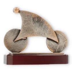 Pokal Zamakfigur Fahrradrennen altgold auf mahagonifarbenen Holzsockel 18,0cm