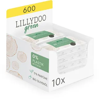 LILLYDOO green Natürliche Feuchttücher, 600 Stück (10 x 60), 100% plastikfreies Tuch, ohne Parfüme