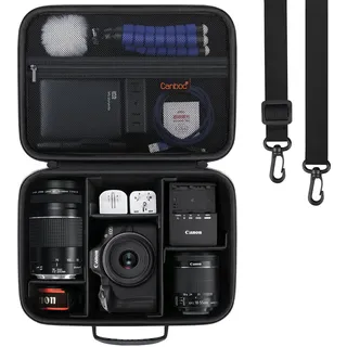 Canboc Tragetasche für Canon EOS 2000D/ R100/ R50/ R10/ 250D/ R50 V/ R7/ R6 Mark II/Sony Alpha 6700/6400 Systemkamera und 18-55-mm-Objektiv, Kameratasche mit 5 Trennwänden und Schultergurt, schwarz