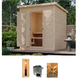 Saunahaus KARIBU "Talo 2", beige (naturbelassen), Saunaofen, externe Steuerung, 9 kW, Saunen, Ofen 9 kW, externe Steuerung